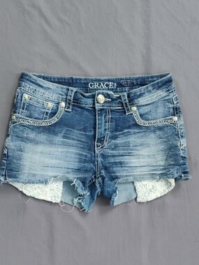 GRACE Distressed Lace-Hem Blue Denim Shorts